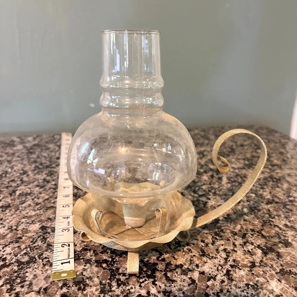 Vintage Metal Chamberstick Candle Holder with Glass Hurricane Chimney Cream